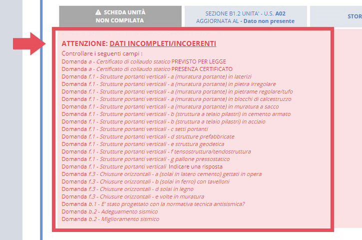 immagine messaggio contentente elenco dei dati incompleti/incoerenti